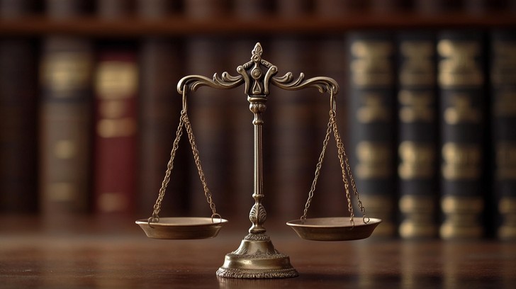 scales of justice with courthouse background, dramatic lighting